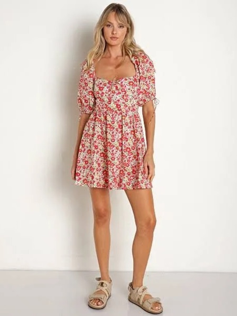 For Love & Lemons Auden Puff Sleeve Floral Mini Dress in Red, Pink, Green Size L